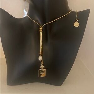 Chanel Gold-Tone Perfume Bottle Pendant Lariat Necklace with Pearl Accent